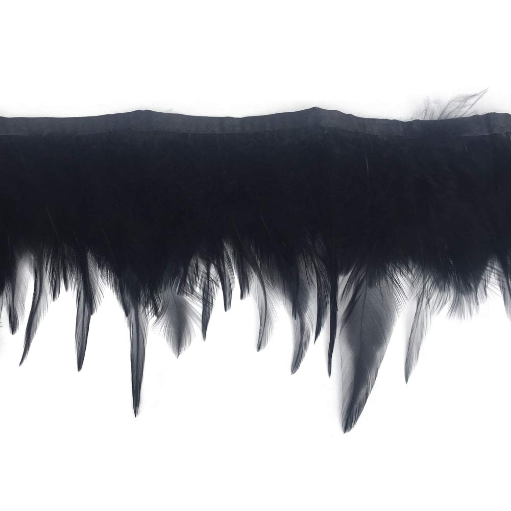 Shekyeon 2yards Rooster Hackle Feather Trim Fringe for DIY Clothing Craft Dress Decoration(Black)