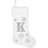 DERAYEE Initial Monogram White Christmas Stocking, 18 Inch Large Velvet Snowflake Embroidered Letters Xmas Stockings with Super Soft Plush Cuff for Xmas Family Holiday Fireplace Tree Decoration (K)