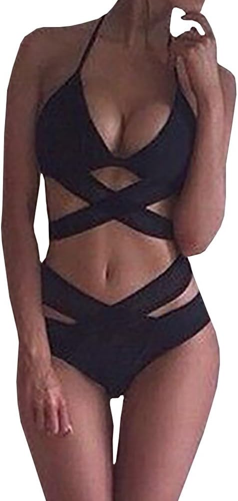 Nulibenna Bandage Halter Push up Cross Criss Cut Out 2 Piece Bikini Swimsuit