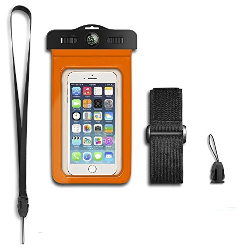 Waterproof Universal Dry Bag Cell Phone Holder Pouch Case With Built In Compass Comes With Detachable Lanyard And Armband By Dzhavael (Orange)