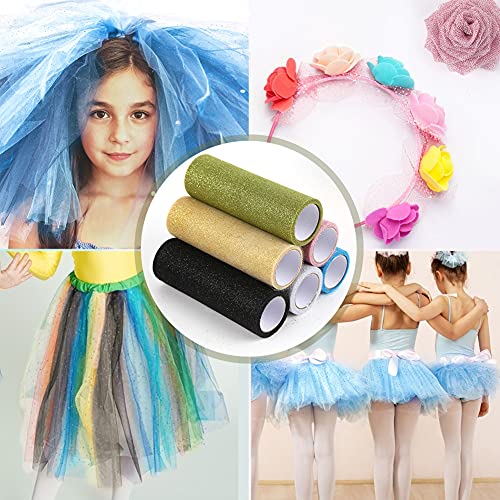VGOODALL Rainbow Glitter Tulle Rolls, 6 Rolls Shimmer Color Assortment Ribbon for Table Runner, Baby Shower Sash Bow Tutu Skirt Sewing Crafting Fabric Wedding Unicorn Christmas Party Gift Ribbon