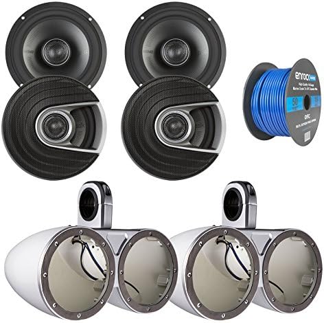 4x Polk Audio MM Series Ultra Marine Certified 6.5" 2 Way Coaxial Car / Boat Speakers, 4x Kicker Marine Tower Enclosure White, Enrock 50 Foot 16-Gauge Speaker Wire