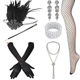 1920s Accessories Set Flapper Headband,Earrings,Pearl Necklace,Gloves,Net Tights,Pearl Bracelet (Set-3)