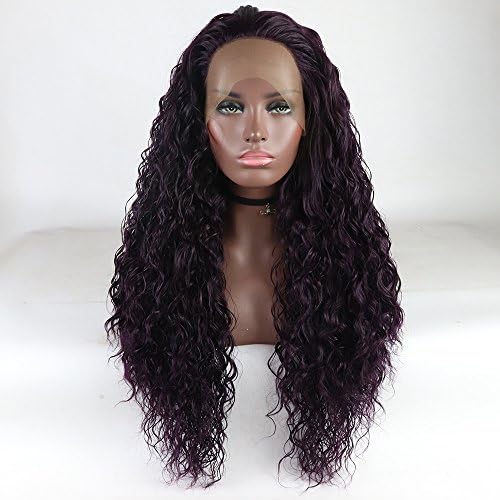 Loose Curly Synthetic Wig Dark Purple Lace Front Wigs Kinky Curly Heat Resistant Fibers Half Hand Tied Lace Wigs Purple For All Women 24 Inches(Dark Purple)