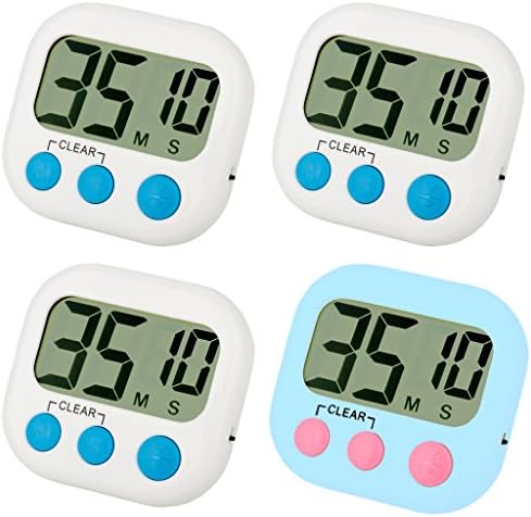 Kitchen Timer 4 Pack Small Digital Electronic Loud Alarm, Magnetic Backing, ON/OFF Switch, Minute Second Countdown, White, Blue and Orange (3 White & 1 Blue)