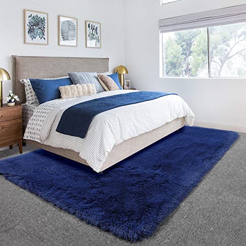 Navy Blue Fluffy Living Room Rugs, Furry Area Rug 5x8 for Bedroom, Shag Rug for Kids Room, Living Room Decor, Fuzzy Carpet for Nursery, Plush Rug for Game Room, Soft Shaggy Rug for Play Room