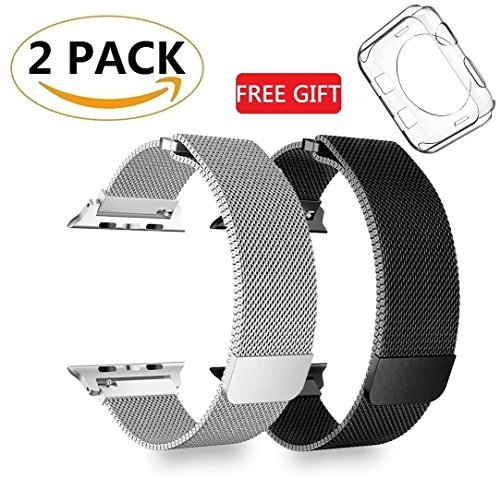 (2 Pack) R&B Watch Band 38mm 40mm Stainless Steel Loop Mesh Strap Compatible for iWatch Series 4 3 2 1 Bands 38mm 40mm Silver & Black (New Version) - 2xScreen Protector As Gift