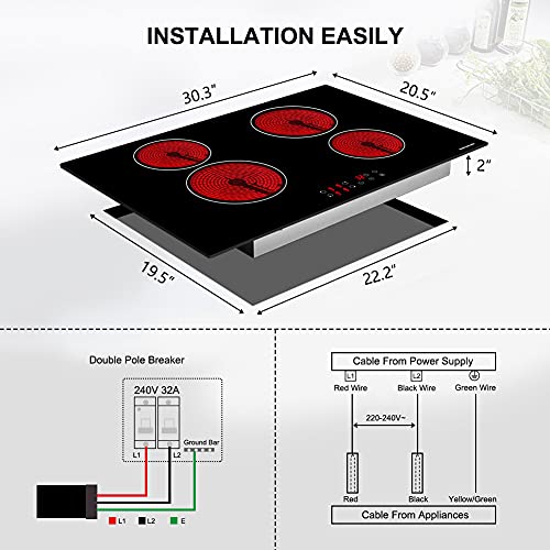 Electric Cooktop, thermomate 30 Inch Builtin Radiant Electric Stove Top, 240V Ceramic Electric