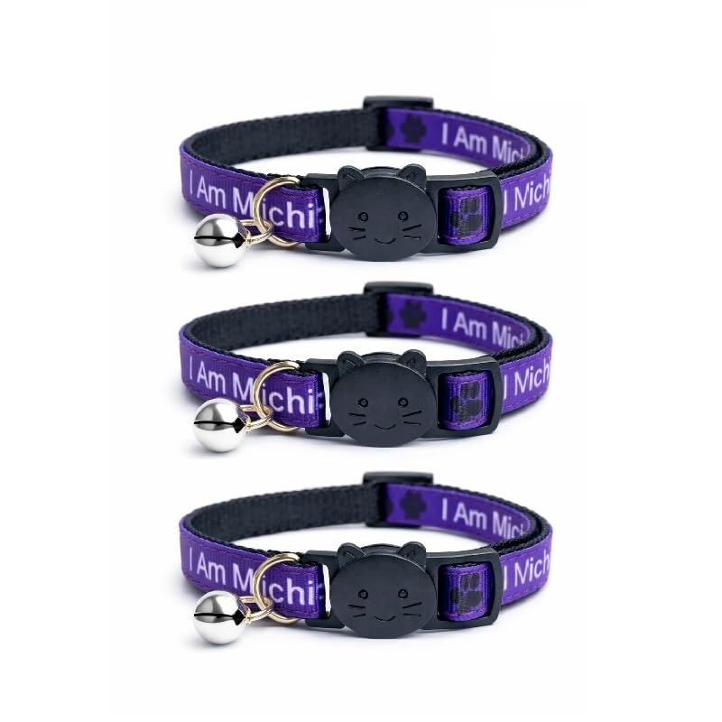 Worded Cat Collars with Bell – Please Do Not Feed Me, I Am Microchipped | Safe Quick Release Breakaway Buckle | Zacal Cat Collars (3. Purple, I Am Microchipped, Pack of 3)