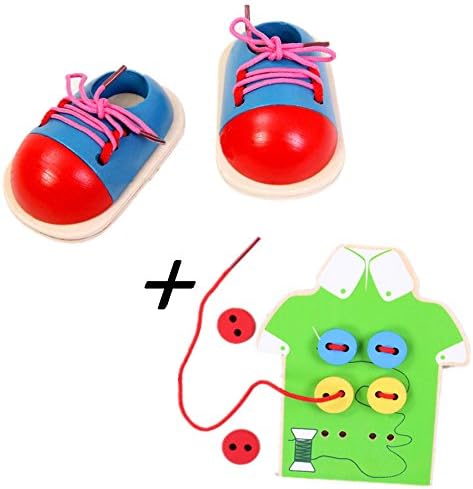 Baby Toys 2 In 1 Early Learning Set Wooden Toys Lace Up Shoes/Wear The Button Montessori Blocks Beads Child Birthday Gift