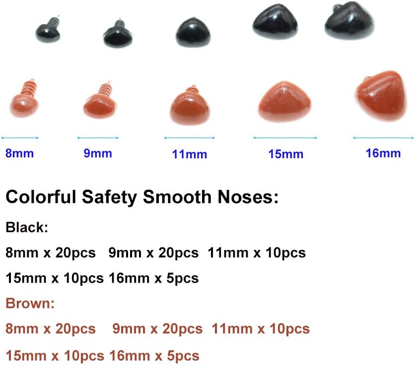 BITEYI Plastic Colorful Safety Smooth Noses with Washers,130 Pcs 8-16mm DIY Craft Noses for Making Doll,Puppet,Plush Animal Works (BlackBrown) - Image 4