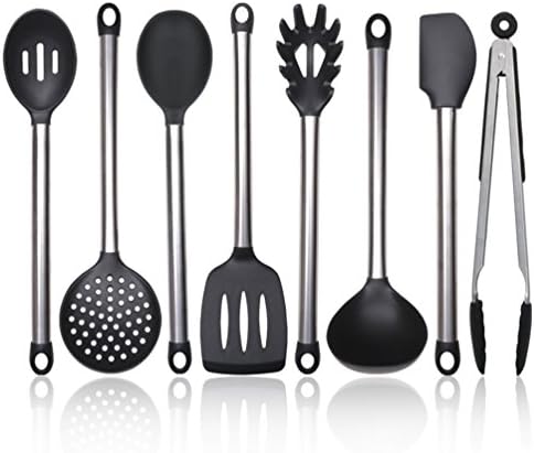 Silicone Cooking Kitchen Utensil Set 8 pcs - Stainless Steel Silicone Serving Utensils (Ladle, Slotted Turner, Spatula, Spoon, Slotted Spoon, Skimmer, Pasta Server, Tongs) for Cooking/Baking/BBQ