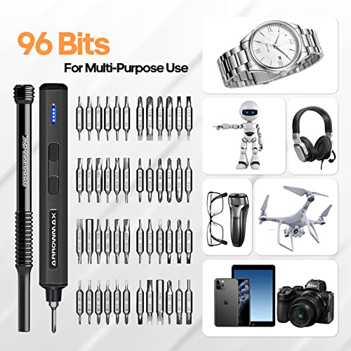 102 in 1 Electric Screwdriver, AM ARROWMAX Cordless Precision Screwdriver Set with 96 Magnetic Bits, Rechargeable Portable Electronic Screwdriver Set for Phone Laptop Camera Watch (MINI PLUS Black)