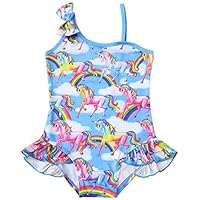 LingQiShiZu Unicorn Girls Swimsuits Single Shoulder One Piece Swimwear Rash Guard UPF 30+ 5T/4-5 Year Blue 0336