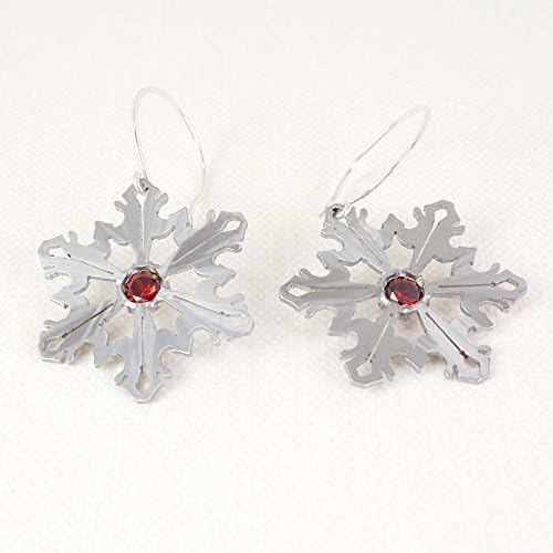 Snowflake Earrings, Stainless Steel with Red Cubic Zirconia, Sterling Earwires