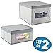 mDesign Soft Fabric Stackable Closet Storage Organizer Box with Clear Window and Attached Hinged Lid for Bedroom, Hallway, Entryway, Closets - Textured Print - 2 Sizes - Set of 2 - Gray