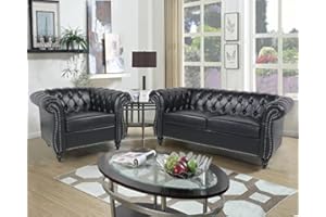 RARZOE 2 Pieces of Living Room Furniture Sofa Sets,Modern Contemporary Tufted Button Faux Leather Accent Club Chair&Chesterfield Loveseat Sofas Set with Nailhead Trim Scroll Arms for Home,Black