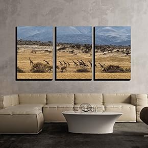 3 Piece Canvas Wall Art - Giraffe in a Row Against Rolling Landscape of The Serengeti, Tanzania - Modern Home Art Stretched and Framed Ready to Hang - 16"x24"x3 Panels