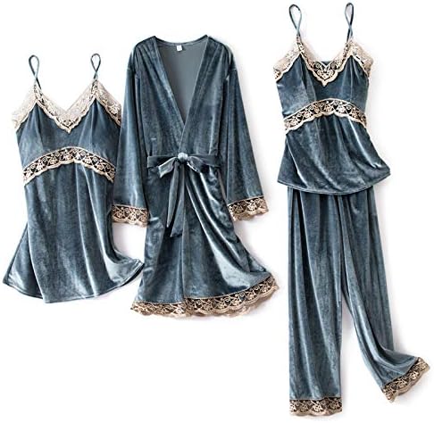 Women’s Pajamas, Room Wear, Velour Pajamas, Set of 4, Velvet, Lace Included, Thick, Sexy, Soft, Warm, Loungewear, Spring, Autumn and Winter