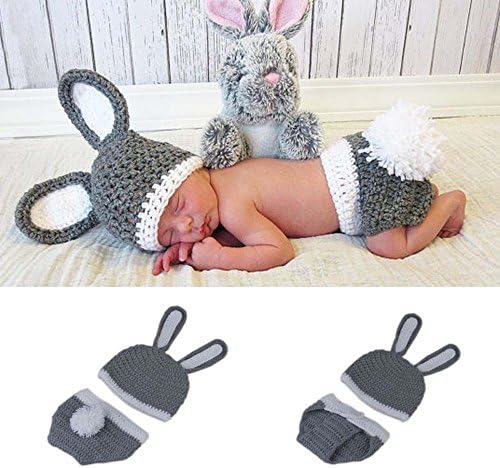 Osye Baby Crochet Knitted Outfit Grey Bunny Hat Costume Set Photography Photo Props