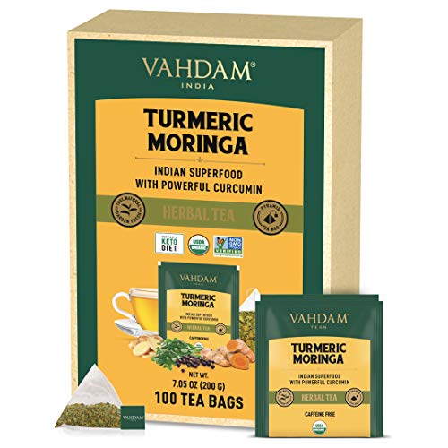 VAHDAM Kurkuma-Moringa Kräutertee | 100 Pyramidenteebeutel | Koffeinfrei | Kräutermischung mit Kurkuma, Moringa & Indischen Gewürzen | Natürliche Zutaten | Hergestellt in Indien