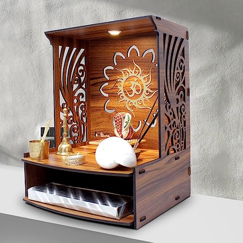 Heartily® Laabh Beautiful Wooden Pooja Stand for Home and Office - Mandir/Temple With LED Spot Light (H- 15.5, L- 11.5, W-11 Inch)