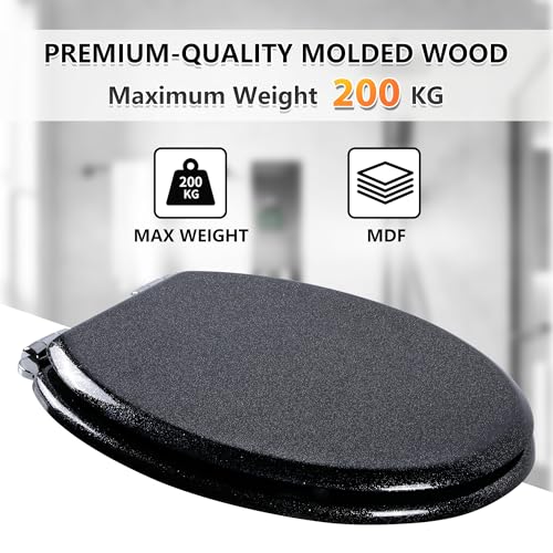Angel Shield Glitter Toilet Seat Molded Wood Toilet Seat, Quiet Close with Quick Release Adjustable Hinges 45x37cm Oval, Fits EU Bottom-Mount Toilets (Black Glitter)