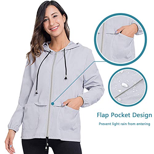 JTANIB Rain Jackets for Women, Lightweight Zip Up Hiking Travel Cycling Hooded Waterproof Raincoat M Grey