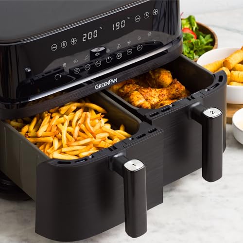 GreenPan Switch Horno Air Fry XL 9 en 1, 2 cestas para freír (2 x 5 L), cesta antiadherente, calentamiento rápido, programas multifunción, apagado automático, pantalla LED, mango tacto frío, Sin PFAS