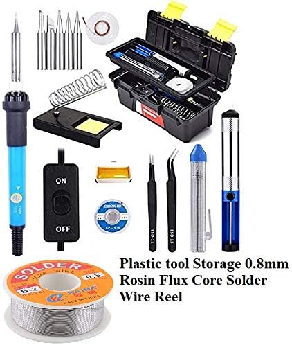 Techtest Soldering Iron Kit In Plastic Tool Box with Adjustable Temperature 5 Pcs Bits Welding Disoldering Pump Wick Stand Tweezers Copper Rosin Paste Sponge 63/37 Tin/Lead 0.8mm Core Solder Wire Reel