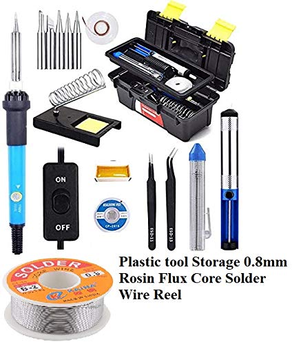 Techtest Soldering Iron Kit In Plastic Tool Box with Adjustable Temperature 5 Pcs Bits Welding Disoldering Pump Wick Stand Tweezers Copper Rosin Paste Sponge 63/37 Tin/Lead 0.8mm Core Solder Wire Reel