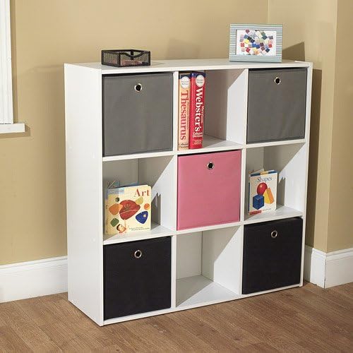 Utility Bookcase Tower with 5 Fabric Bins, Multiple Colors. Perfect for the Hall, Office, Living Room, Kids Bedroom, or Playroom. Efficiently Organize Your Living Space with This Beautiful Bookshelf. The Bins Which Come in Black, Grey, and Either Blue or Pink, Are Included with This White Tower Organizer. (Pink/Black/Grey)