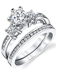 Anillo de compromiso de plata de ley con circonita cúbica de 1,15 quilates, corte redondo, 2 piezas