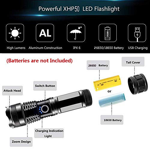 Telescopic High Lumen Zoomable Most Powerful XHP70 XHP50 LED USB Rechargeable Flashlight Torch(Battery not Included)