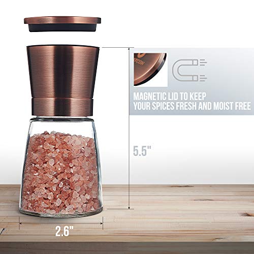 Traycon Salt And Pepper Grinder Set (2 Pc.) Copper Colored Stainless-Steel, Glass Base/Kitchen, Dining Room Accessory/Spices, Himalayan Pink Salt, Peppercorn/With Bonus Black Silicon Stand