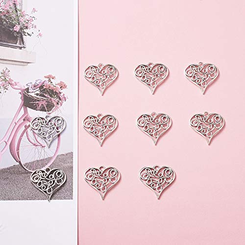 Craftdady 10Pcs Antique Silver Filigree Love Heart Charms 31.5x32mm Vintage Alloy Lead Free Tiny Sweet Heart Beads Pendants for DIY Jewelry Bracelet Necklace Earring Making