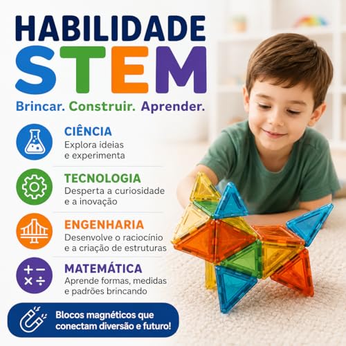 Blocos Magnéticos Infantil 50 Peças Coloridas Translúcidas de Montar, Brinquedo Didático Construção 2D 3D Educação STEM, Desenvolvimento Cognitivo, Criatividade, Coordenação Motora, Raciocínio Lógico
