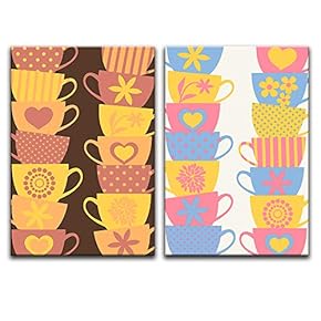 2 Panel Canvas Wall Art - Hand Drawn Coffee Theme Colorful Cups - Giclee Print Gallery Wrap Modern Home Art Ready to Hang - 16"x24" x 2 Panels