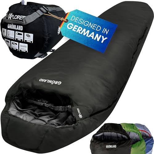 EXPLORER® GRÖNLAND Schlafsack -23°C -5°C [350GSM] 3-4 Jahreszeiten Winter Mumienschlafsack Erwachsene[1900g] 230x82x55cm Zip-Links Schwarz ideal für O