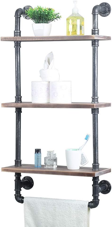 Industrial Bathroom Shelves Wall Mounted 2 Tiered Rustic 19 68in Pipe Shelving Wood Shelf With Towel Bar Black Farmhouse Towel Rack Metal Floating Shelves Towel Holder Iron Distressed Shelf Over Toile