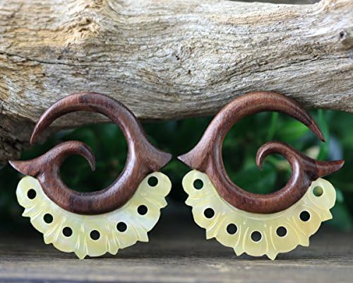 1G Hand Carved Gauge Earring Pair - Plugs & Ear Stretching Body Jewelry, Organic Piercing Mother of Pearl and Wood 7mm 1Ga