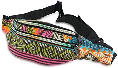3 Zippered Bohemian Fanny Pack Multi Strip Pattern Festival Bum Bags Lightweight Retro Travel Hiking Waist Bag (Bohemian Orange)
