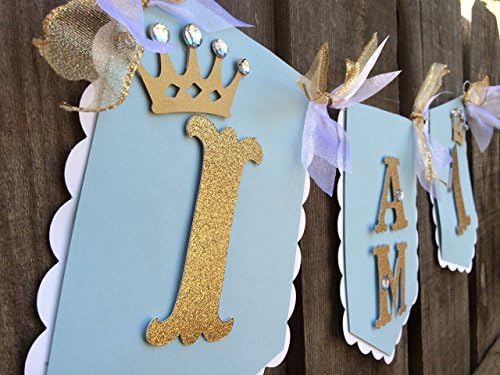 High chair banner I am 1 Light blue/white/gold Little Prince Royal theme