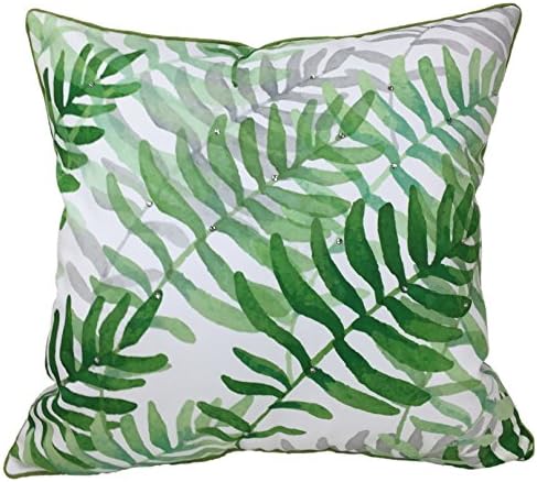 Fantasy Home Square Tropical Leaves Throw Pillow Case for Sofa, Printed Fern Leaf with Beads, Contrasted Welt, 20"X20", 1PC (Fern)