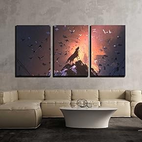 3 Piece Canvas Wall Art - Howling Wolf on Rock with Bird Flying Around,Illustration Painting - Modern Home Art Stretched and Framed Ready to Hang - 16"x24"x3 Panels