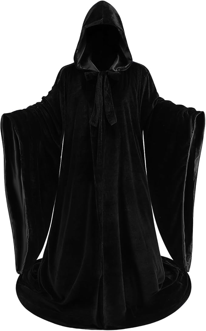 DELIVESS Unisex Luxurious Velvet Wizard Robe Hooded Wizard Cloak Cosplay Renaissance Costume Halloween (66.93",Black)