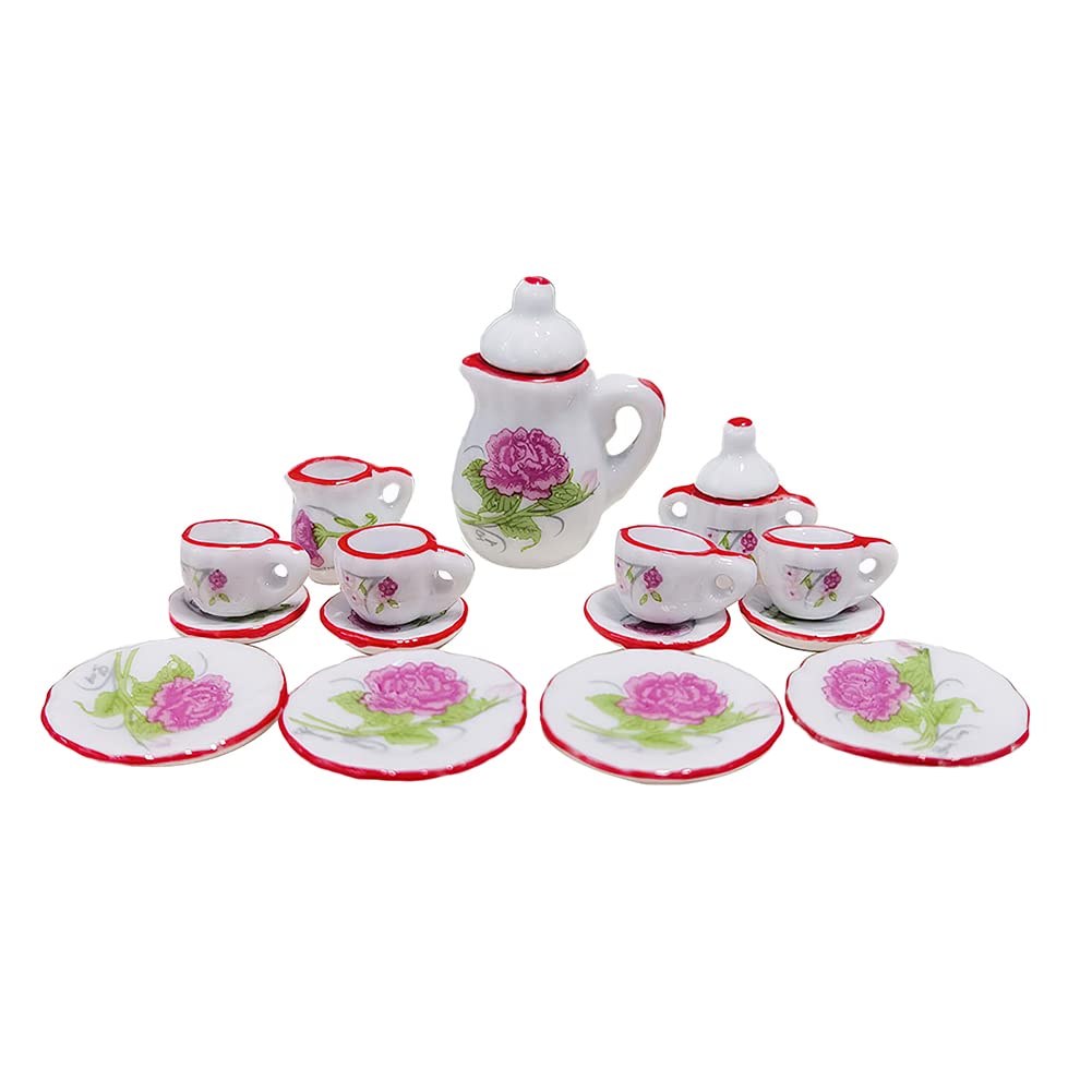 Photo 1 of 15 Pack Miniature Ceramic Doll Tea Set Dollhouse Tea Cup Set Decoration Accessories for Scale 1:12 Dollhouse Craft (Confederate Rose)