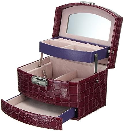 Hontiano 3 Layers Leather Jewelry Box Jewellery Watch Bracelet Display Box Storage Organizer Case Ring Necklace Mirror (Purple)