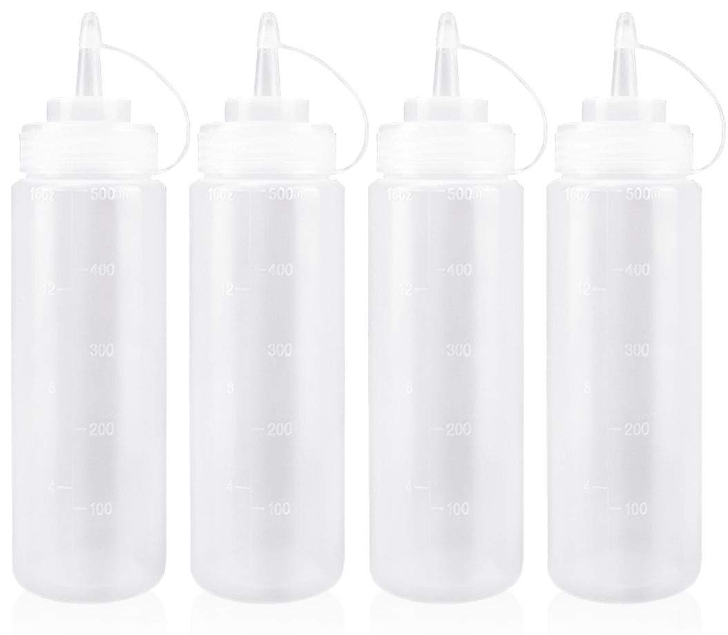 Keleily Sauce Squeeze Bottle 500ml with Cap 4PCS Plastic Squeeze Bottle Dispenser for Condiments, Seasoning, Ketchup, Mustard, Mayo, Olive Oil, Clear, 16oz