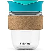 SoleCup. - Reusable Strengthened Glass Travel Cup - Spill Proof Insulated Coffee Mug - 12oz/340ml BPA-Free Hot Drink Travel Mug with Lid & Cork Band (Blue, 12oz)